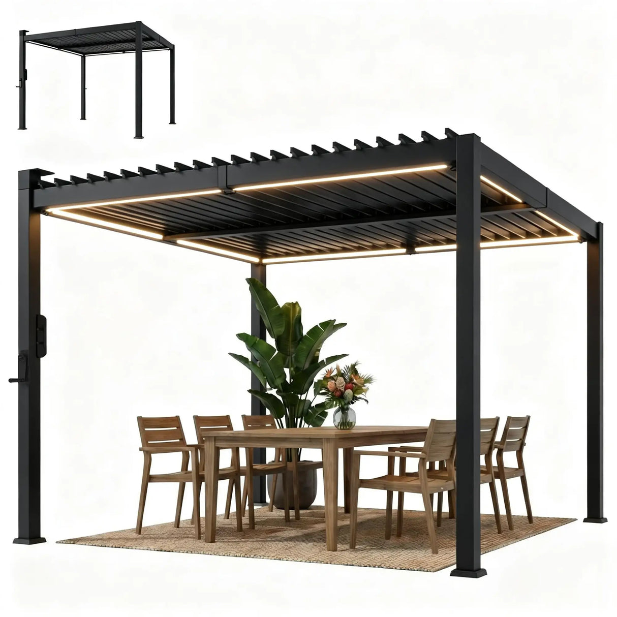 3x3m Black Louvered Pergola with Solar LED Lighting, Waterproof Metal Roof & Built-In Drainage System for Garden Patio