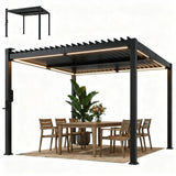3x3m Black Louvered Pergola with Solar LED Lighting, Waterproof Metal Roof & Built-In Drainage System for Garden Patio