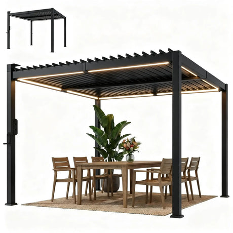 3x3m Black Louvered Pergola with Solar LED Lighting, Waterproof Metal Roof & Built-In Drainage System for Garden Patio