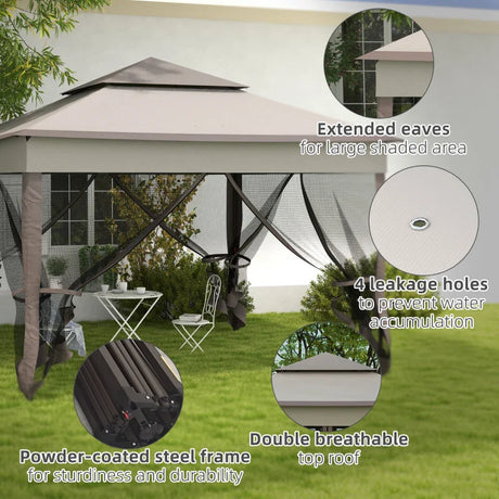 3.25m x 3.25m Metal Gazebo with Curtains - Brown/Grey