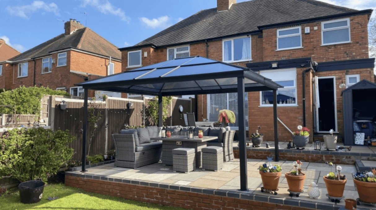 Grey Gazebo With Polycarbonate Roof & Aluminium Frame - Trade Warehouse