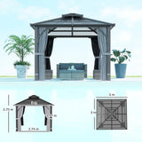 Dark Grey 3m x 3m Hardtop Gazebo - 7mm Double Polycarbonate Roof, Permanent Pavilion with Mosquito Netting and Curtains for Patio and Deck