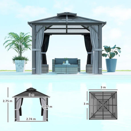 Dark Grey 3m x 3m Hardtop Gazebo - 7mm Double Polycarbonate Roof, Permanent Pavilion with Mosquito Netting and Curtains for Patio and Deck