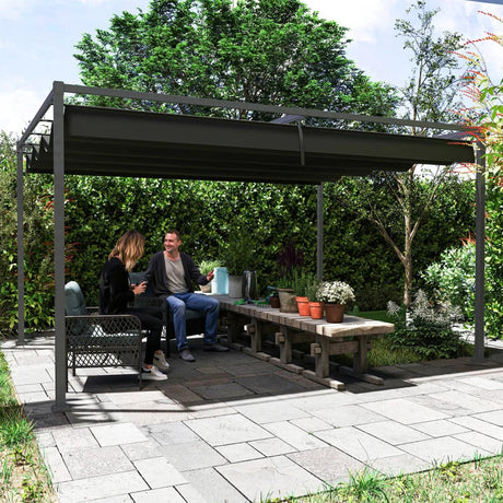 4m x 3m Metal Pergola – Black Retractable Canopy Roof, Outdoor Patio Garden Shade She