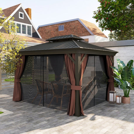 3m x 3.7m Dark Brown Outdoor Hardtop Gazebo Canopy with Aluminium Frame, 2-Tier Roof & Mesh Netting Sidewalls for Patio