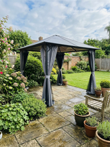 3m x 3m Black Aluminium Hardtop Gazebo with Polycarbonate Roof, Zip Curtains & Insect Netting – Outdoor Garden Shelter Pavilion