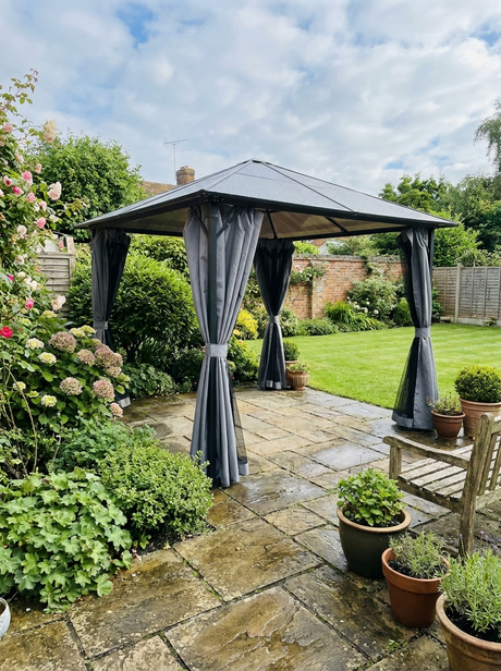 3m x 3m Black Aluminium Hardtop Gazebo with Polycarbonate Roof, Zip Curtains & Insect Netting – Outdoor Garden Shelter Pavilion