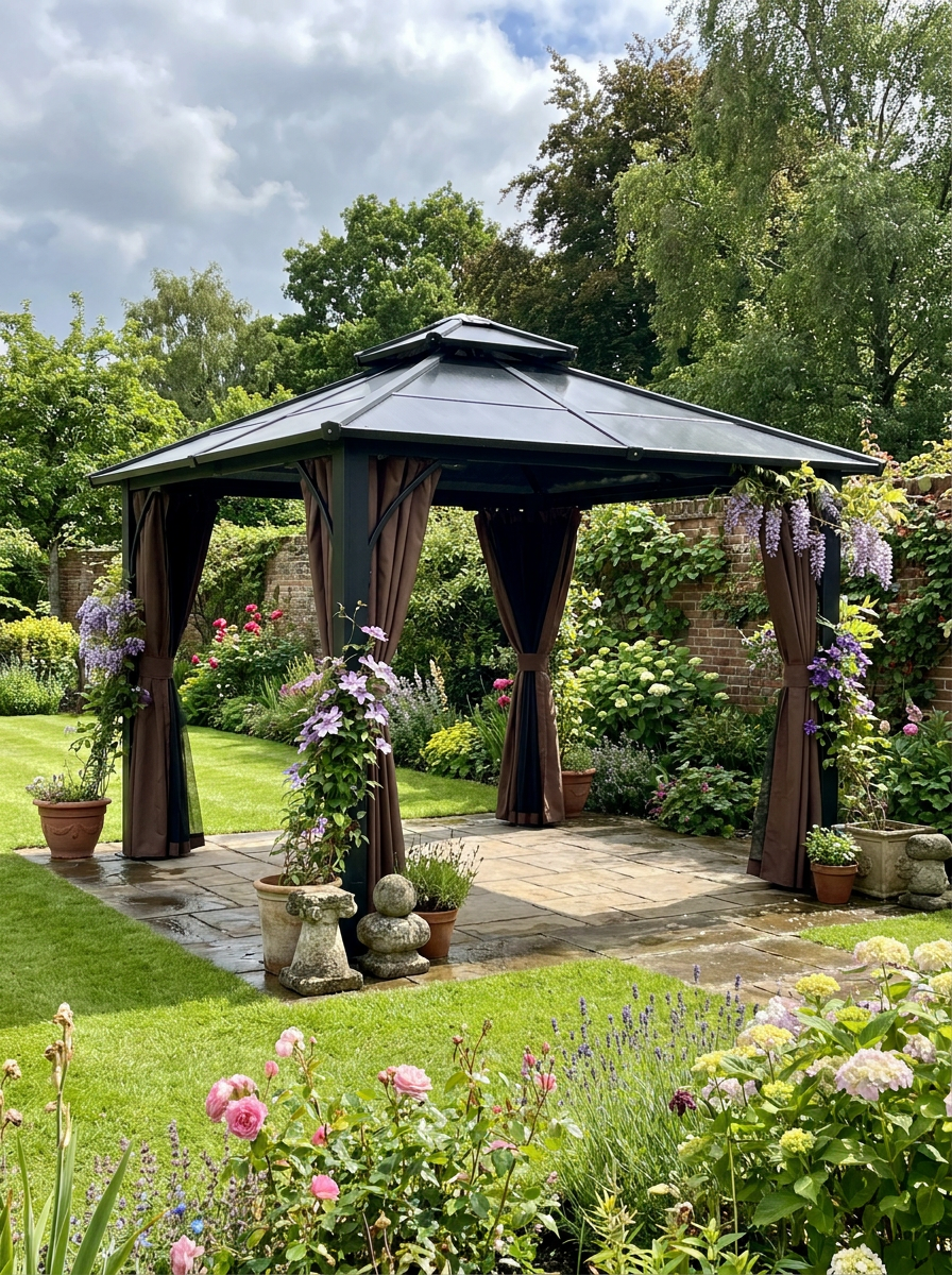 3x3m Brown Hardtop Gazebo Canopy with 7mm Double Polycarbonate Roof, Permanent Garden Pavilion with Mosquito Netting and Curtains for Patio and Deck