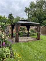3m x 3.7m Dark Brown Outdoor Hardtop Gazebo Canopy with Aluminium Frame, 2-Tier Roof & Mesh Netting Sidewalls for Patio