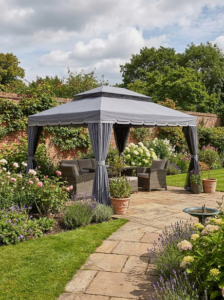 3 x 4m Dark Grey Aluminium Garden Gazebo - Marquee Canopy Shelter Pavilion Tent with Nets and Curtains for Outdoor Parties