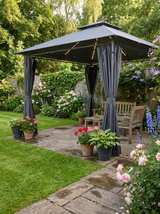 3 x 3 m Dark Grey Garden Gazebo with Double Roof, Curtains & Solar-Powered LED Lights - Outdoor Canopy Shelter for Patio & Deck