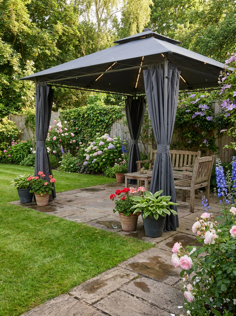 3 x 3 m Dark Grey Garden Gazebo with Double Roof, Curtains & Solar-Powered LED Lights - Outdoor Canopy Shelter for Patio & Deck