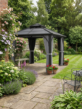 3 x 3 m Dark Grey Outdoor Polycarbonate Gazebo - Double Roof Hard Top with Galvanised Steel Frame, Nettings & Curtains for Garden, Lawn, Patio and Deck