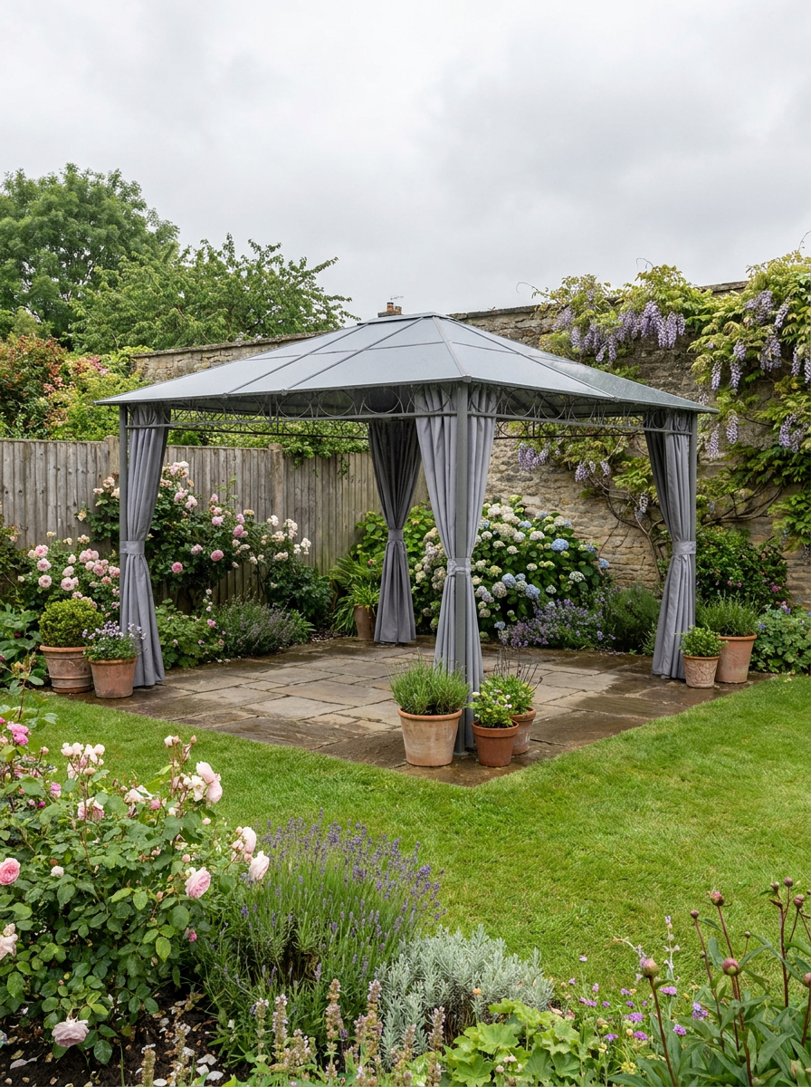 3m x 3.6m Hardtop Gazebo With Curtains - Grey