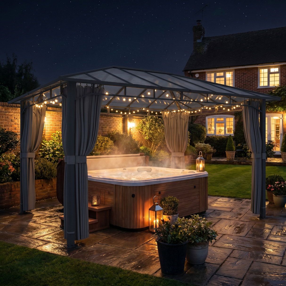 3m x 4m Hardtop Gazebo with 6mm Polycarbonate Roof, Aluminium Permanent Garden Pavilion with Curtains, Dark Grey Outdoor Patio Canopy for Sun, Rain & Privacy