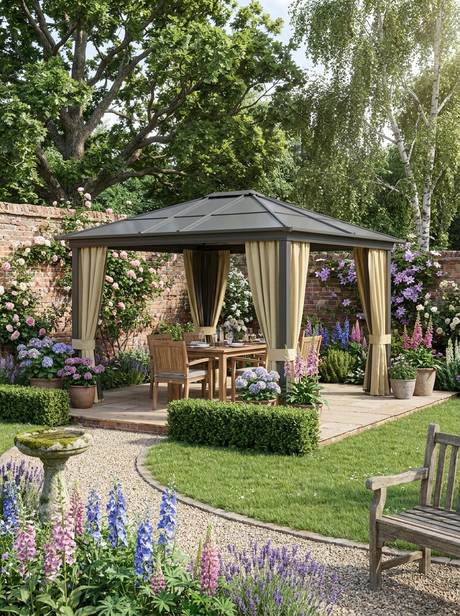 4.2m x 3.6m Aluminium Hardtop Gazebo with Polycarbonate Roof - Garden Pavilion with Curtains & Mosquito Netting