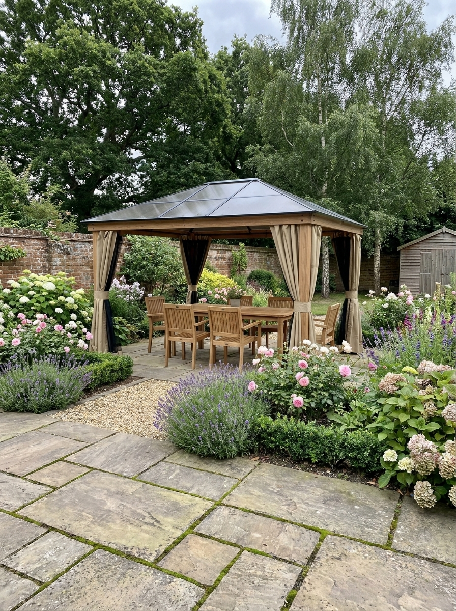 3m x 3.6m Khaki Hardtop Gazebo with Polycarbonate Roof - Garden Pavilion with Curtains & Insect Netting