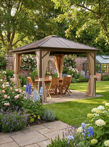 3.6m Aluminium Hardtop Gazebo - Metal Roof Garden Pavilion with Curtains and Net Sides