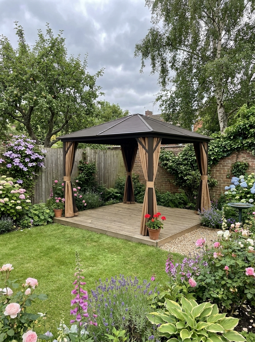 3m x 3m Brown Hardtop Garden Gazebo with Steel Roof, Privacy Curtains & Insect Netting