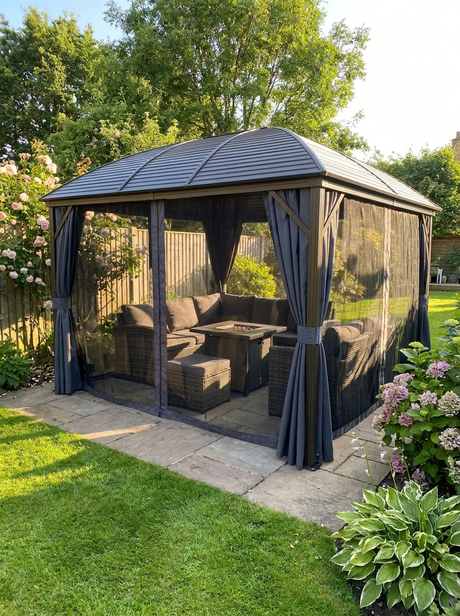 3.98m x 2.98m Brown Steel Hardtop Gazebo with Curtains & Mesh Netting - Aluminium Frame Garden Pavilion