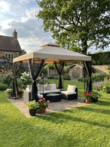 Beige 3m x 3m Hardtop Gazebo - Double Tier Roof Garden Shelter with Net Curtains and Storage Trays