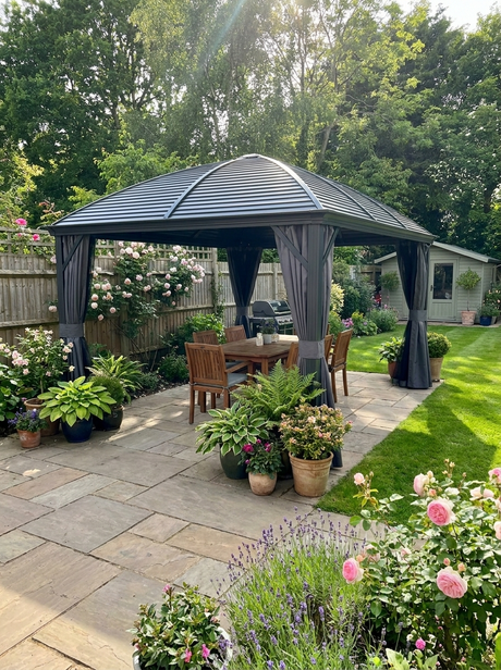 3m x 4m Dark Grey Hardtop Garden Gazebo Pavilion – Aluminium Frame with Steel Roof, Privacy Curtains & Insect Mesh Canopy Shelter