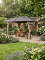 3m x 4m Brown Hardtop Garden Gazebo with Aluminium Frame, Steel Roof, Privacy Curtains & Mosquito Netting – Premium Outdoor Pavilion Shelter