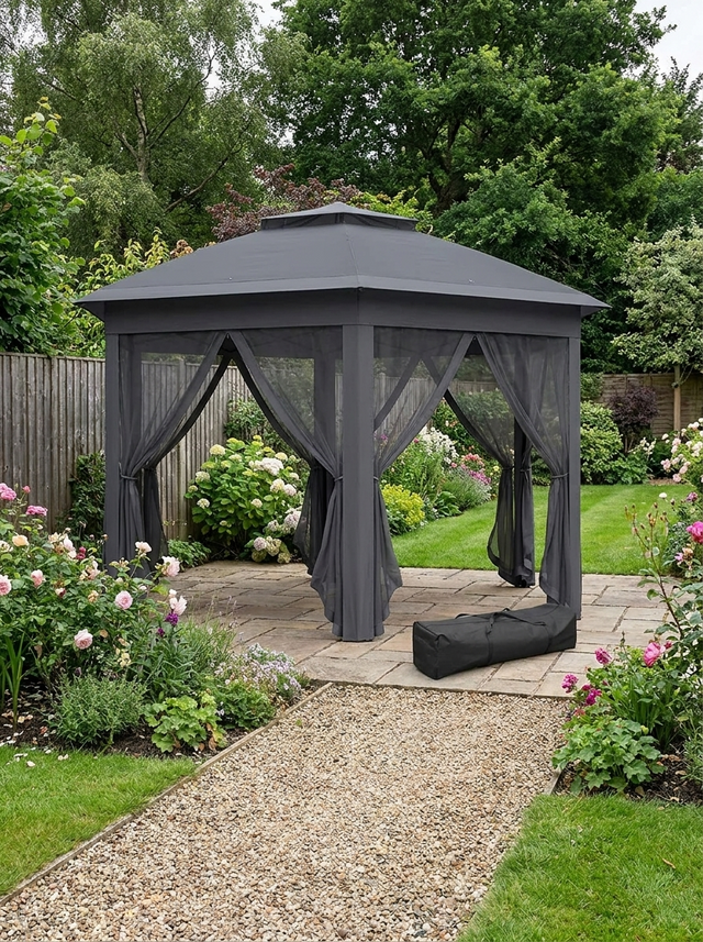 3.4m x 4.05m Dark Grey Hexagonal Pop-Up Gazebo with Double Vent Roof, Mesh Curtains & Portable Carry Bag – Outdoor Party Shelter