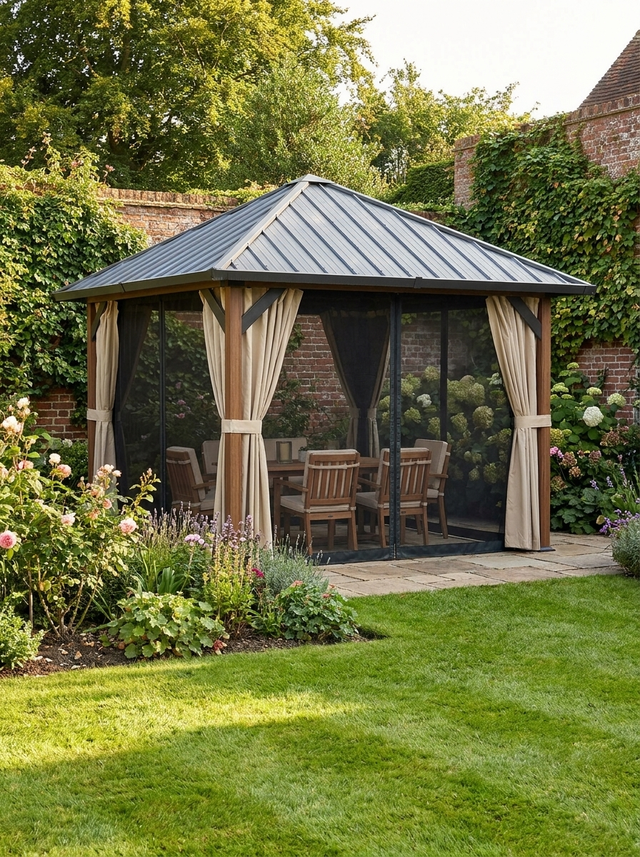 3m x 3m Walnut Effect Hardtop Gazebo Pavilion with Galvanised Steel Roof, Privacy Curtains & Insect Netting – Permanent Garden Shelter