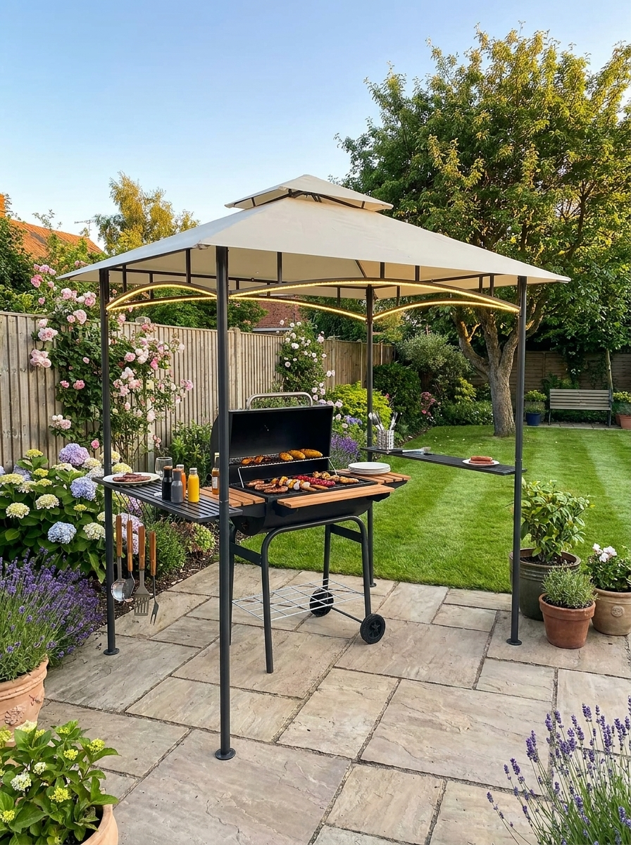 8ft x 5ft Beige BBQ Grill Gazebo Shelter – Double Vent Canopy with LED Lighting, Storage Shelves & Hanging Hooks for Outdoor Cooking