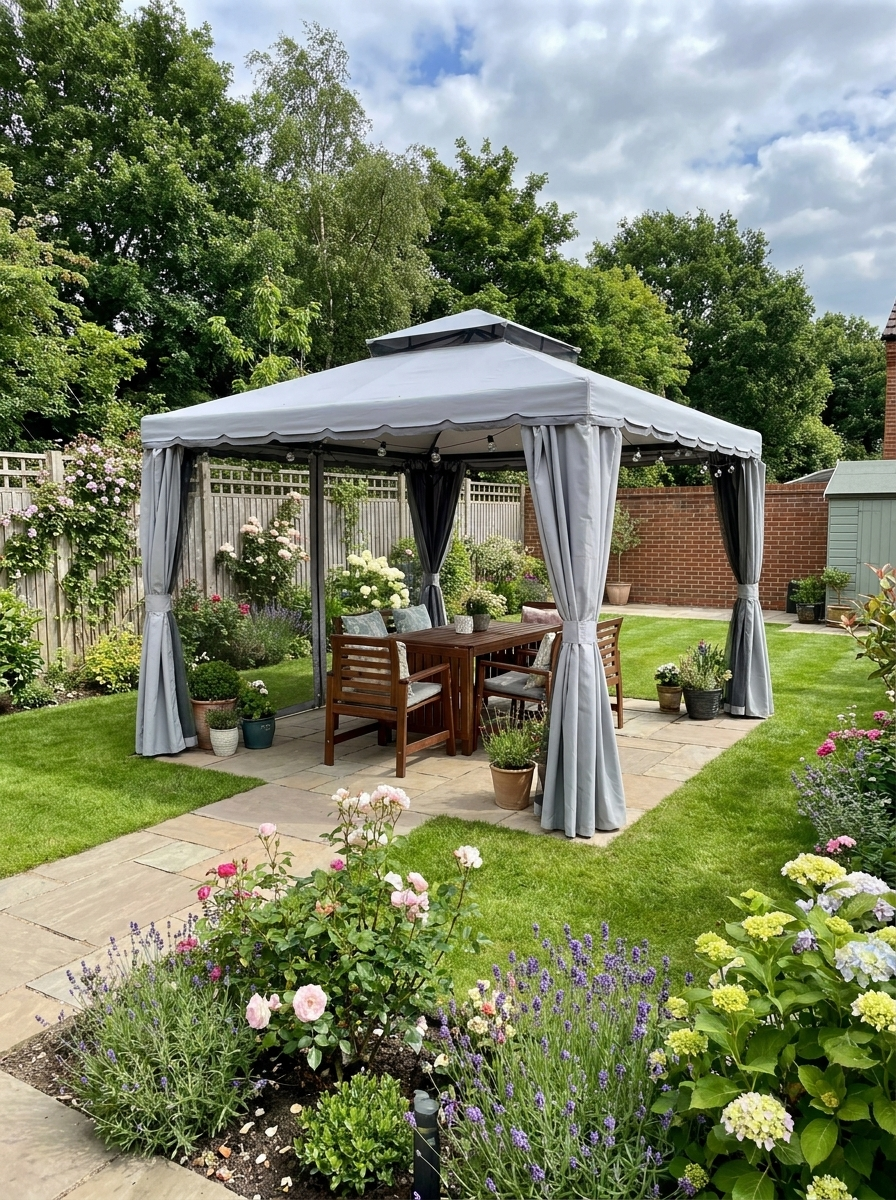 3.9m x 2.9m Light Grey Aluminium Outdoor Gazebo Pavilion – Double Roof – Pergola Warehouse