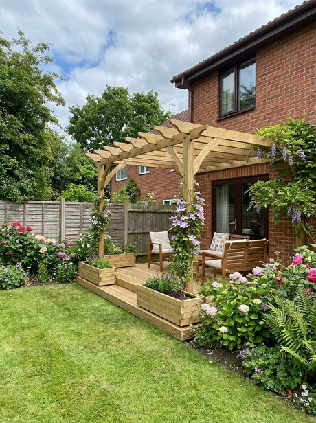 Orchid Wall-Mounted Timber Pergola with Decking Kit – Decorative Attached Garden Canopy with Open-Rafter Roof