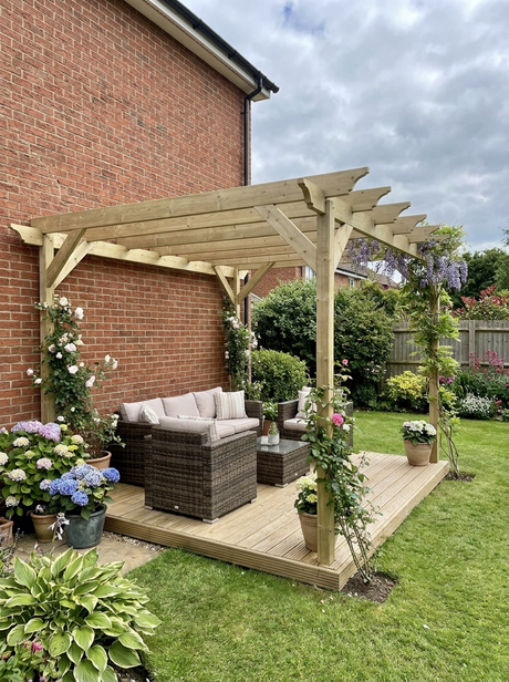 Orchid Wall-Mounted Timber Pergola with Decking Kit – Decorative Attached Garden Canopy with Open-Rafter Roof