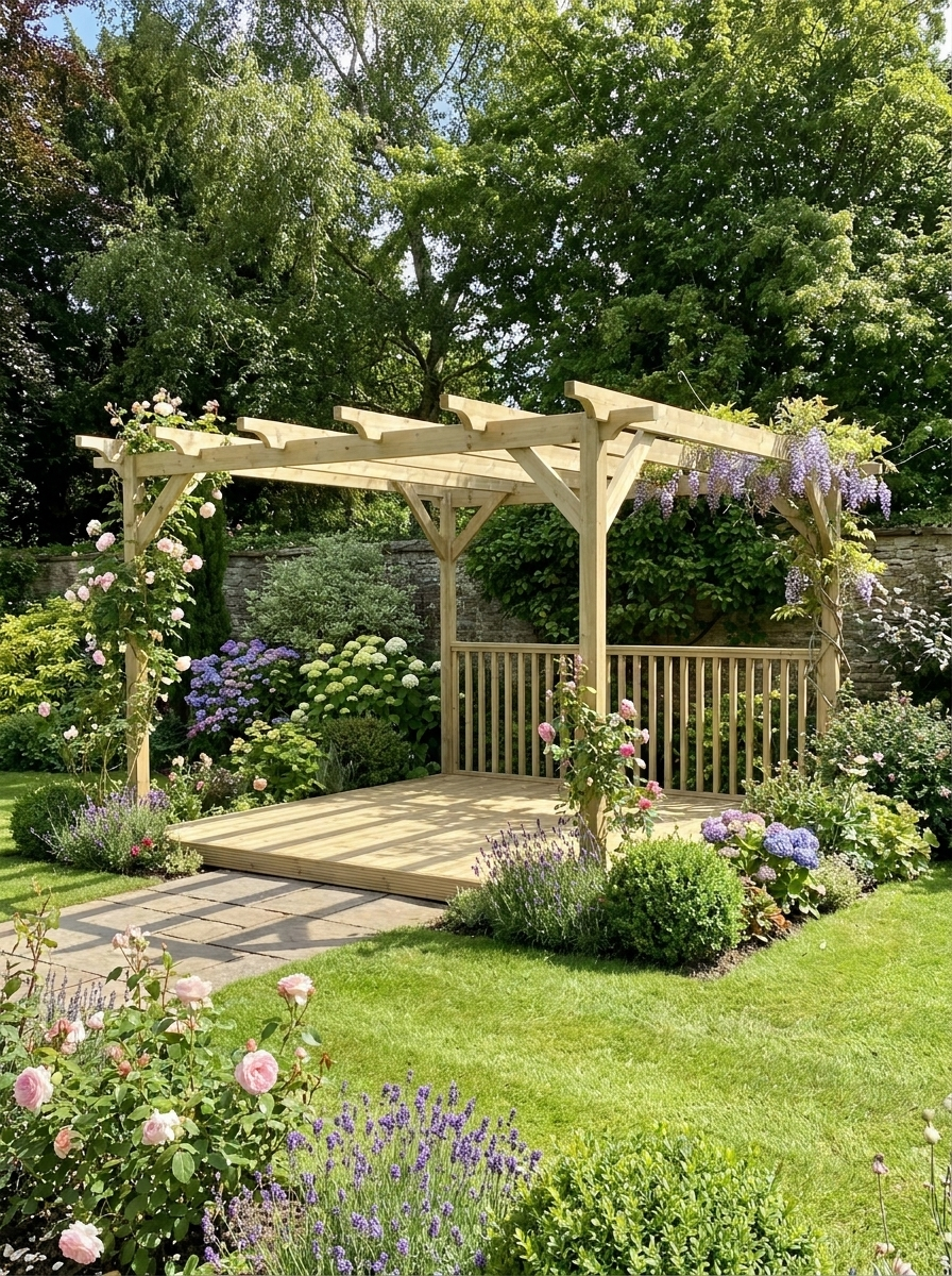 Square Pressure-Treated Timber Pergola & Decking Kit with Single-Side Balustrade – Open-Rafter Garden Seating Platform in Natural or Rustic Brown