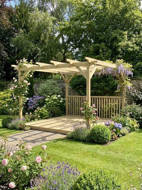 Square Pressure-Treated Timber Pergola & Decking Kit with Single-Side Balustrade – Open-Rafter Garden Seating Platform in Natural or Rustic Brown