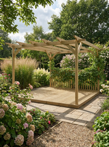 Square Pressure-Treated Timber Pergola & Decking Kit with Single-Side Balustrade – Open-Rafter Garden Seating Platform in Natural or Rustic Brown