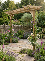 Sculpted Double-Beam Timber Screen Pergola & Climbing Plant Arbour – Pressure-Treated Garden Entrance with Decorative Braces