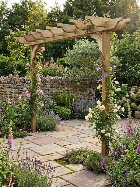 Sculpted Double-Beam Timber Screen Pergola & Climbing Plant Arbour – Pressure-Treated Garden Entrance with Decorative Braces