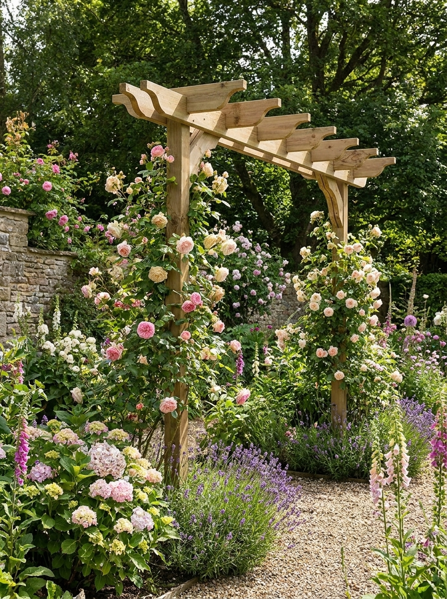 Sculpted Double-Beam Timber Screen Pergola & Climbing Plant Arbour – Pressure-Treated Garden Entrance with Decorative Braces