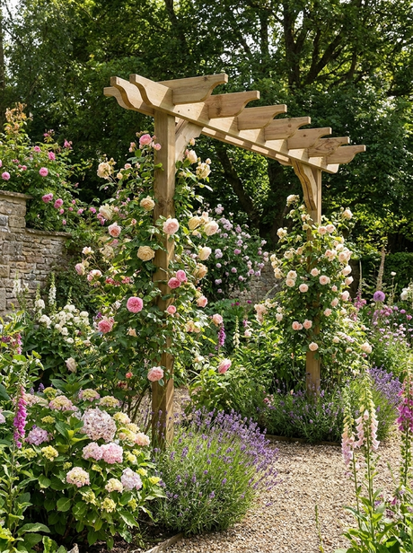 Sculpted Double-Beam Timber Screen Pergola & Climbing Plant Arbour – Pressure-Treated Garden Entrance with Decorative Braces