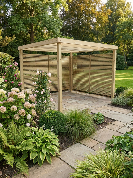Contemporary Freestanding Box Timber Pergola with Dual Slatted Privacy Screens – Pressure-Treated Garden Seating & Climbing Plant Structure