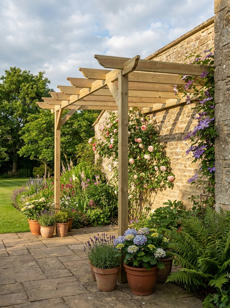 Wall-Mounted Timber Pergola Kit – Pressure-Treated Lean-To Garden Canopy with Decorative Rafter Ends