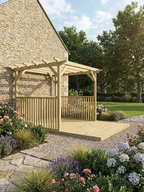 V.3 Rectangular Pressure-Treated Timber Pergola, Decking & Balustrade Kit – Half-Length Open-Rafter Garden Dining Platform