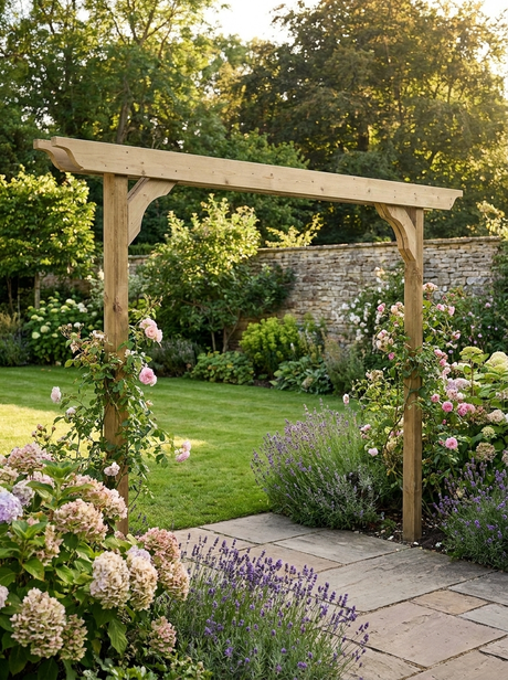 Double-Beam Pressure-Treated Timber Screen Pergola & Climbing Plant Arbour – Decorative Garden Divider with Sculpted Braces