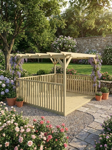Square Pressure-Treated Timber Pergola & Decking Kit with Three-Side Balustrades – Open-Rafter Garden Seating & Dining Platform