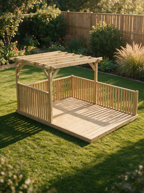 Rectangular Pressure-Treated Timber Pergola & Decking Kit with Balustrade – Half-Length Open-Rafter Garden Seating Platform