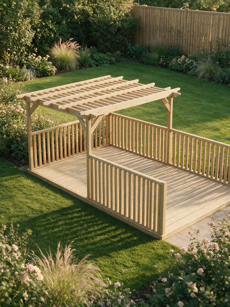 Rectangular Pressure-Treated Timber Pergola & Decking Kit with Balustrades – Garden Seating Platform with Half-Length Open-Rafter Canopy