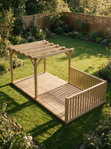 Rectangular Pressure-Treated Timber Pergola & Decking Kit with Balustrade – Half-Length Open-Rafter Outdoor Living Area