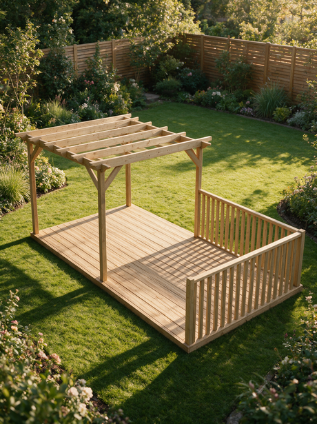 Rectangular Pressure-Treated Timber Pergola & Decking Kit with Balustrade – Half-Length Open-Rafter Outdoor Living Area