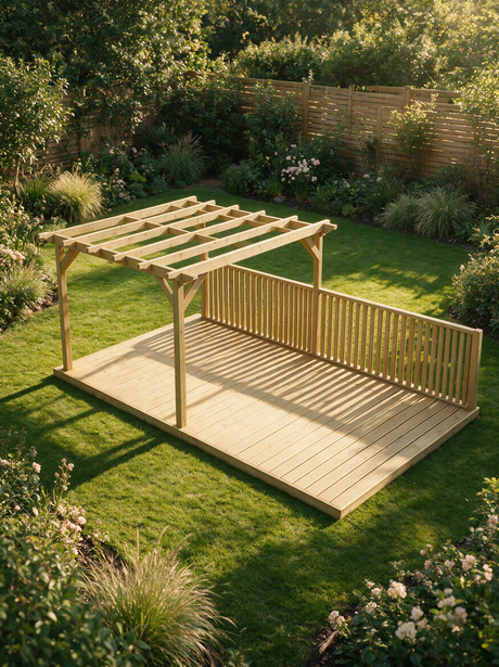 V.5 Rectangular Pressure-Treated Timber Pergola, Decking & Balustrade Kit – Half-Length Open-Rafter Garden Platform